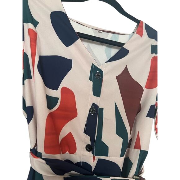 Mosaic Print Shirt Dress - Blue Orange Cream Green Belted Button Down - S - Picture 4 of 10